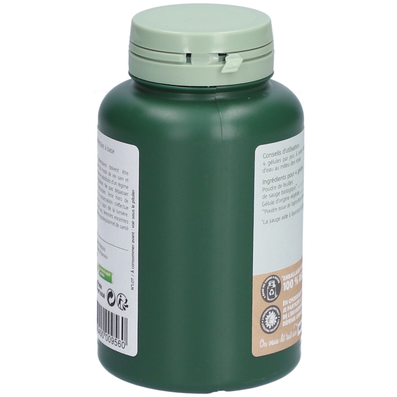 Flacon vert avec capsules. Étiquette avec texte. Inscription: 100% recyclable. Flacon d'origine végétale.
