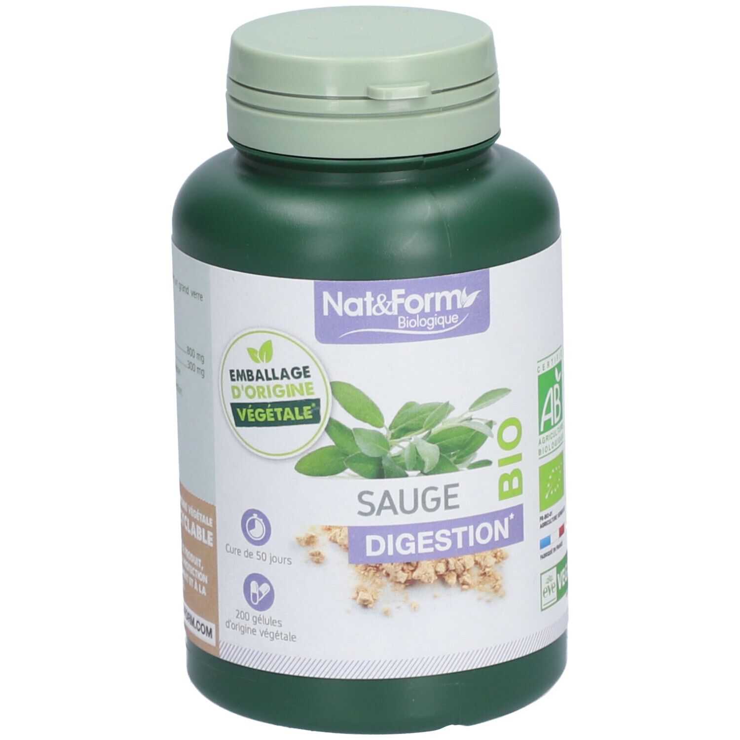 Flacon vert avec capsules. Étiquette avec logo, texte et label bio. Inscription: SAUGE DIGESTION.