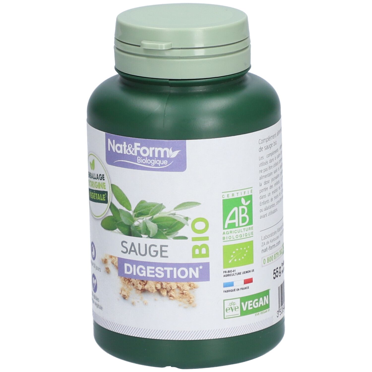 Flacon vert avec capsules. Étiquette avec logo, texte et label bio. Inscription: SAUGE DIGESTION, BIO.