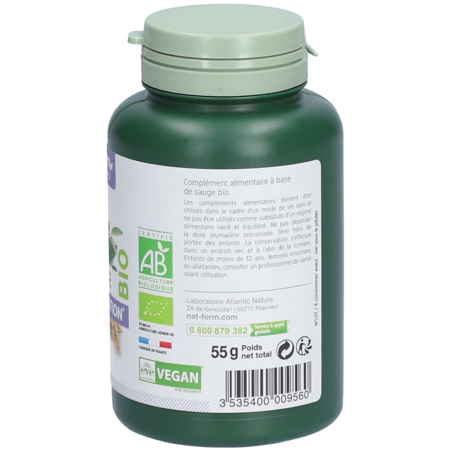 Dos d'un flacon vert avec capsules. Étiquette avec texte et logo. Texte: 55 g, Vegan, certification bio.