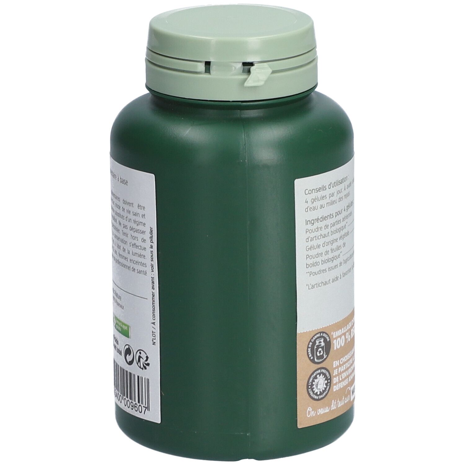 Vue latérale du flacon vert. Texte: Conseils d'utilisation, 100% recyclable, Nat-Form. Logo: Emballage végétal.