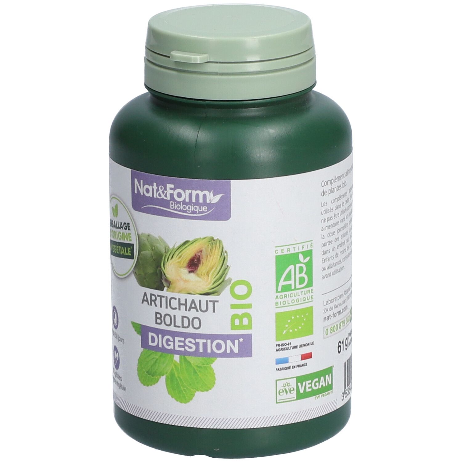 Flacon vert de gélules. Inscription: Artichaut Boldo Digestion, BIO. Logos: AB, Vegan.