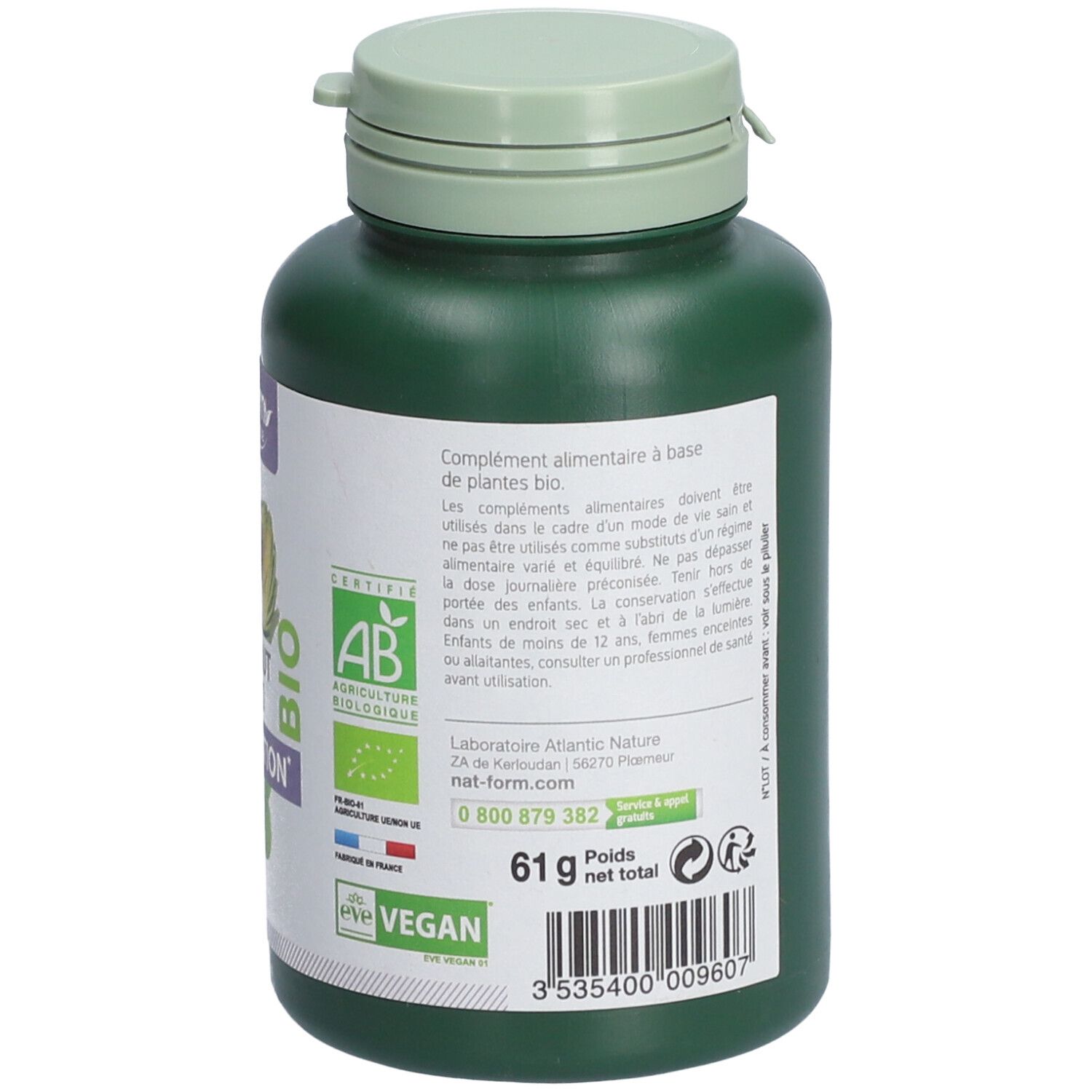 Dos du flacon vert. Texte: Complément alimentaire, logo AB, Vegan. Poids net: 61 g.
