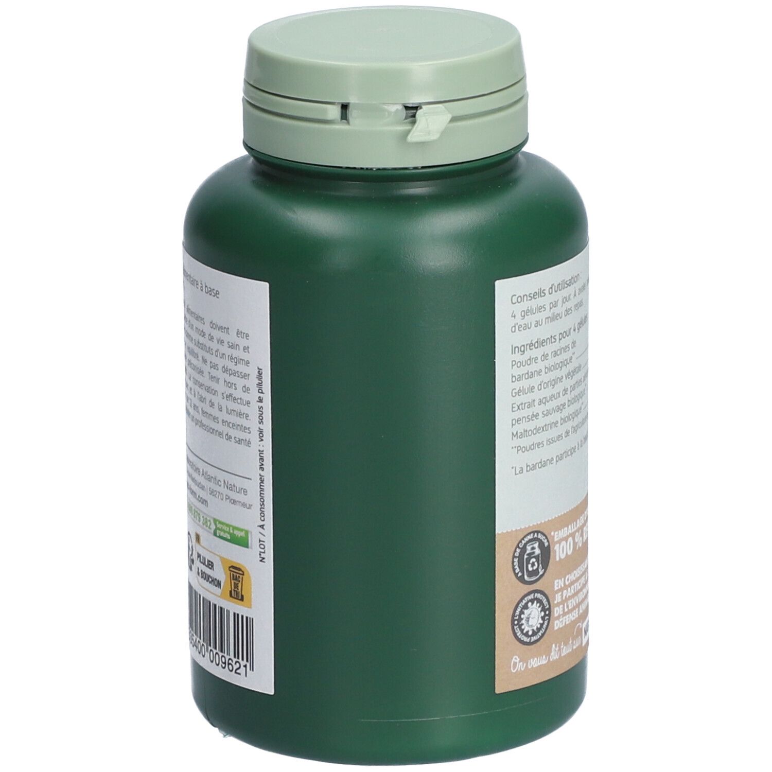 Vue latérale d'un flacon vert avec bouchon clair. Texte: Ingrédients, conseils d'utilisation, 100% recyclable, Nat-Form.com.