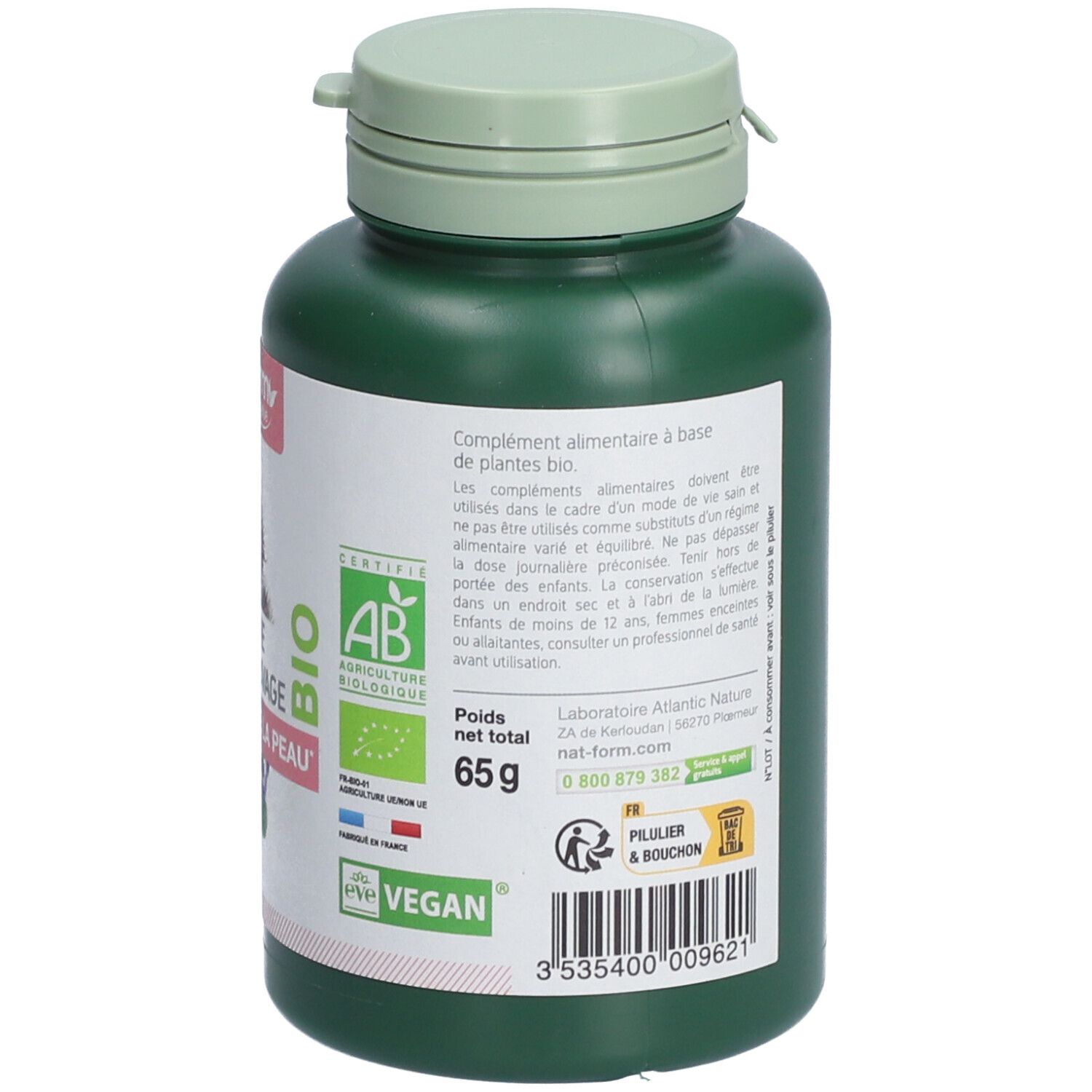 Dos d'un flacon vert. Texte: Certification AB, Vegan, poids net 65g. Informations fabricant.