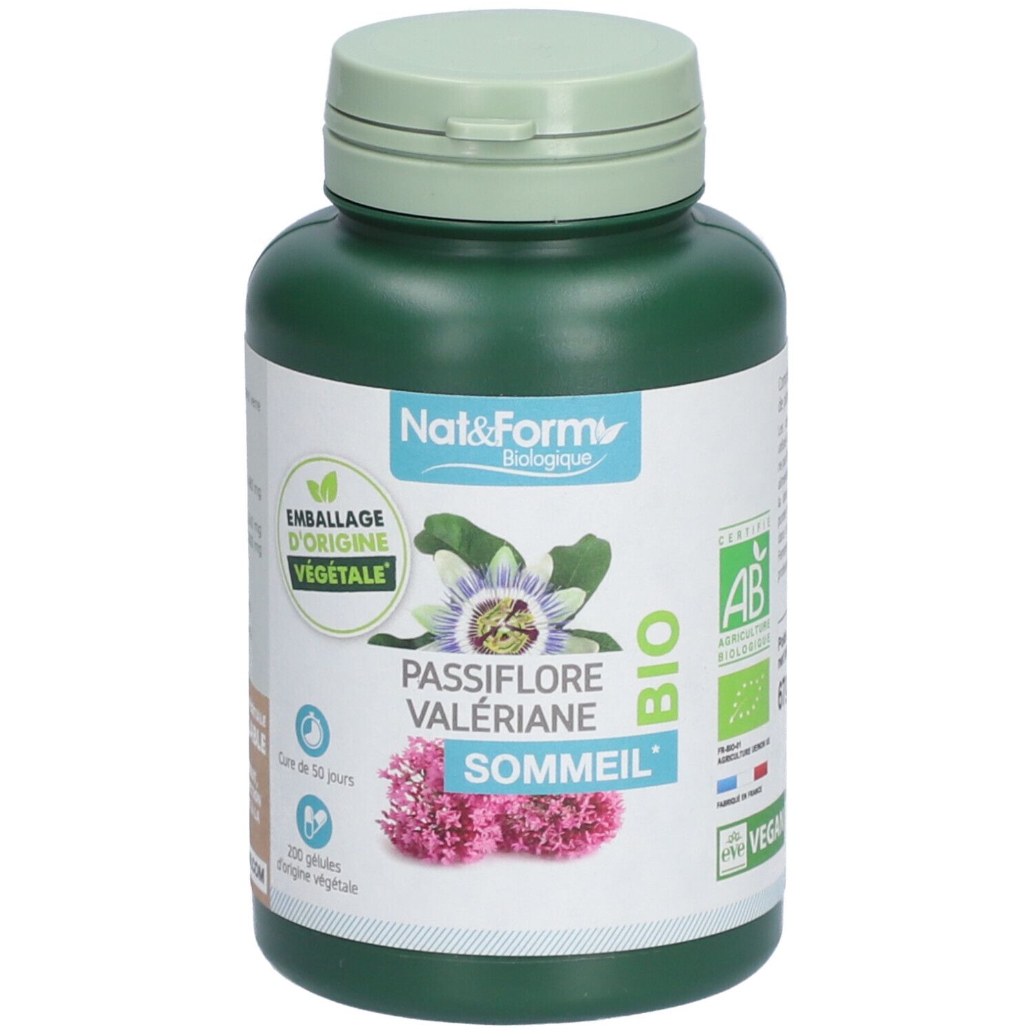 Flacon vert avec couvercle vert. Inscription: Nat&Form, Passiflore Valériane Sommeil, Bio. Avec label AB Bio et logo Vegan.