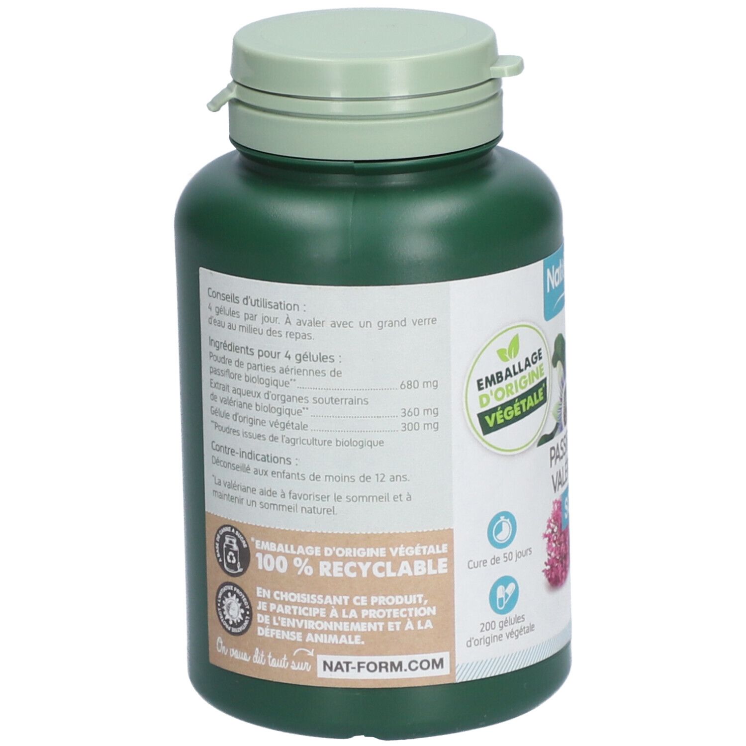 Dos du flacon vert. Texte: conseils d'utilisation, ingrédients, 100% recyclable, 200 gélules, Nat-Form.com. Avec logo Vegan.