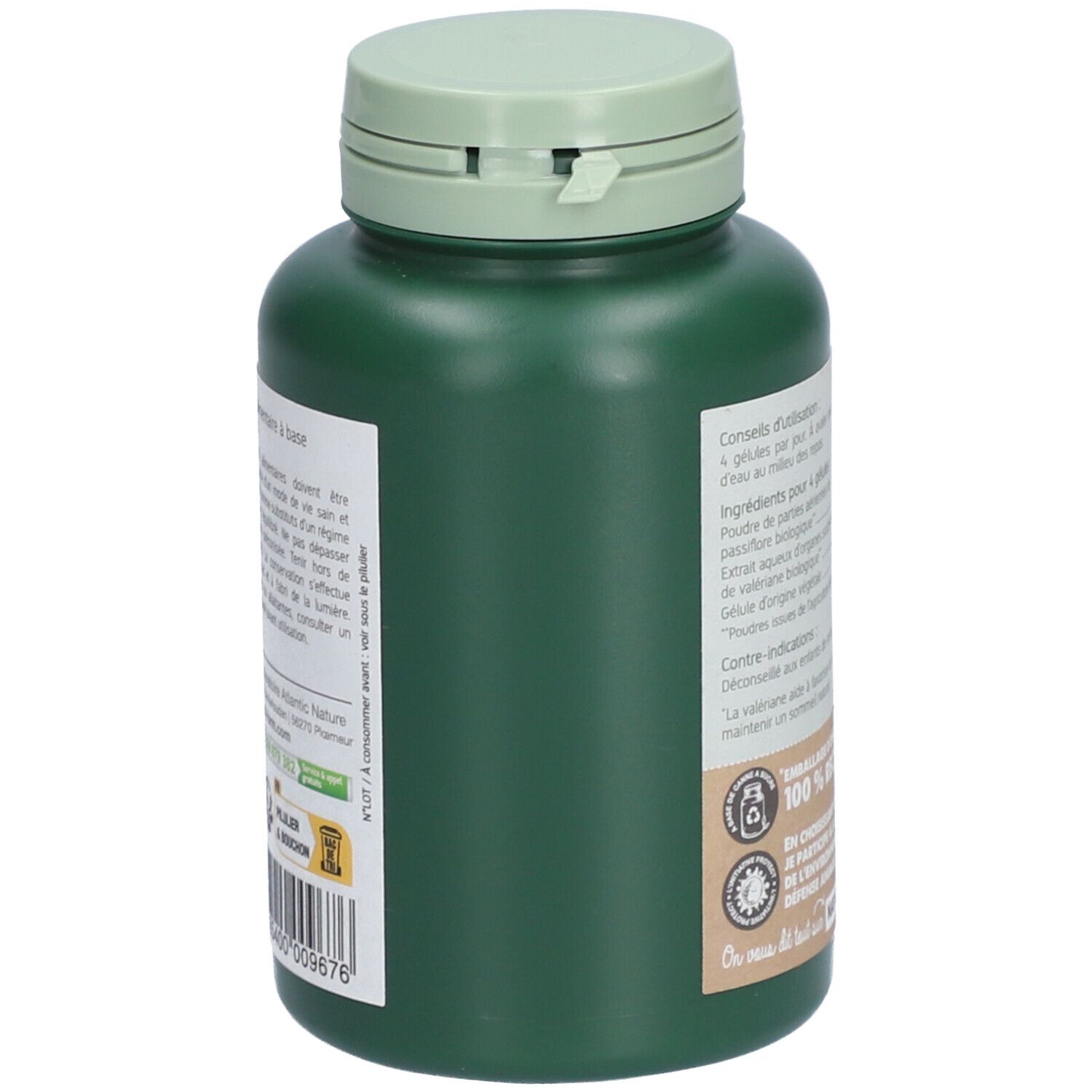 Flacon vert, vue latérale. Texte: conseils d'utilisation, ingrédients, 100% recyclable, 200 gélules, Nat-Form.com. Avec logo Vegan.