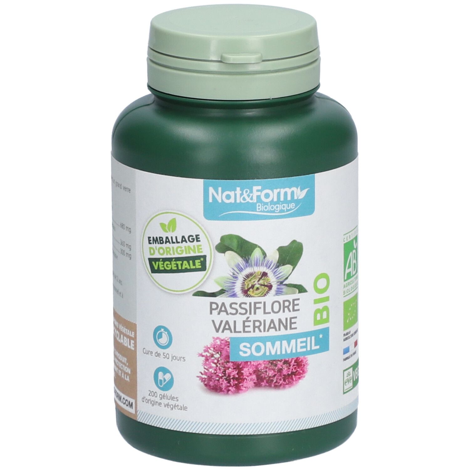 Flacon vert avec couvercle vert. Inscription: Nat&Form, Passiflore Valériane Sommeil, Bio. Avec label AB Bio et logo Vegan.