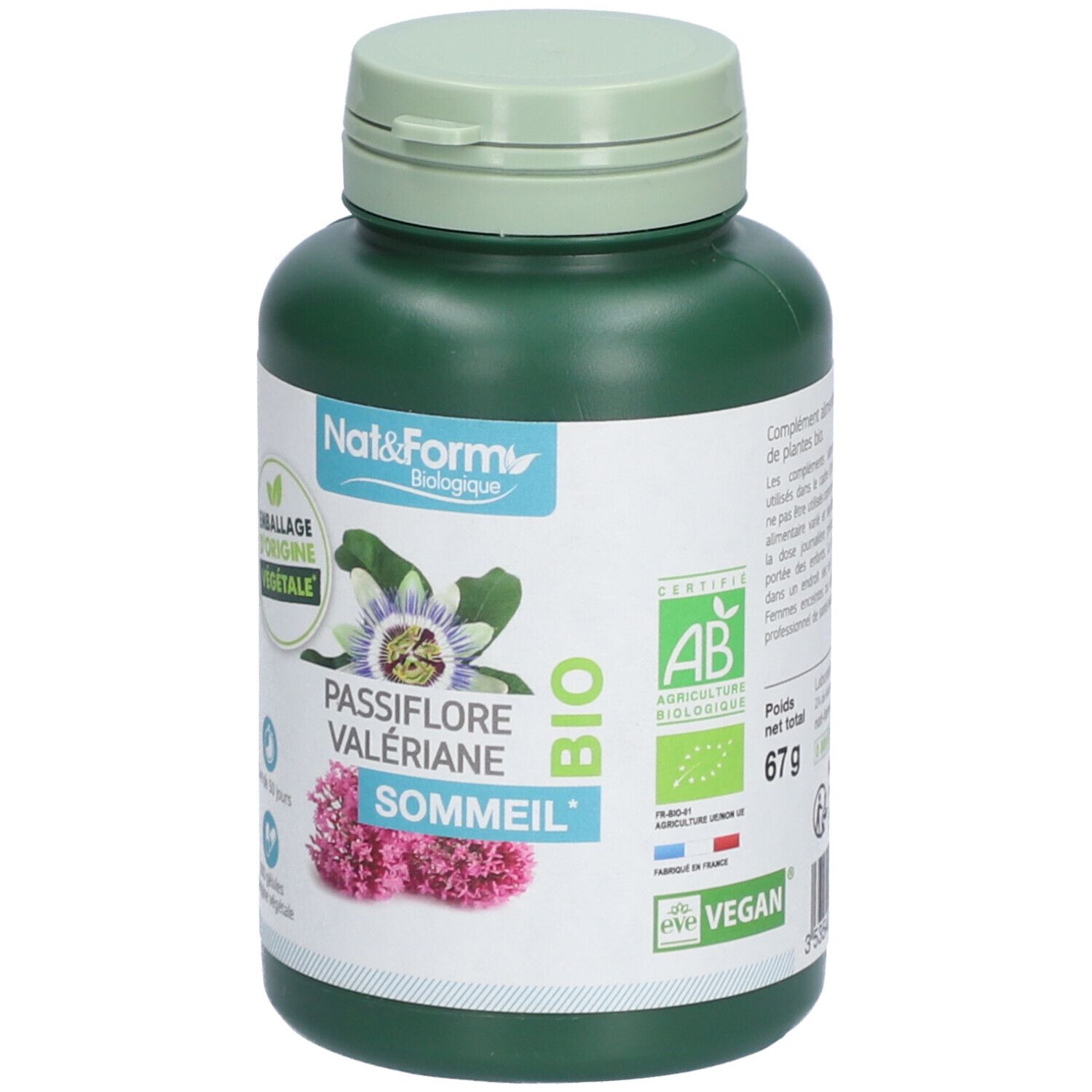 Flacon vert avec couvercle vert. Inscription: Nat&Form, Passiflore Valériane Sommeil, Bio. Avec label AB Bio, logo Vegan et poids.