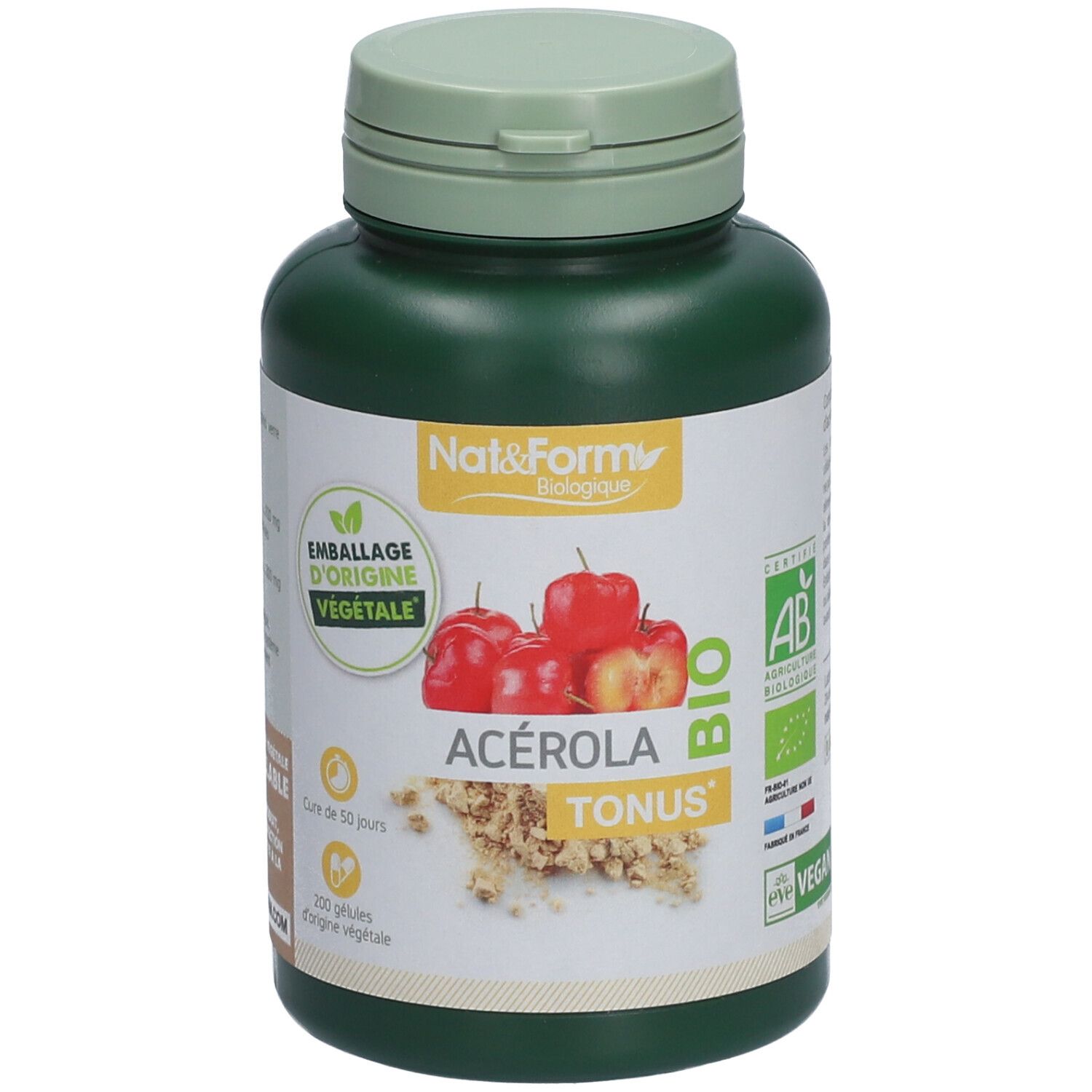 Flacon vert avec étiquette blanche. Inscription: ACÉROLA TONUS BIO. Illustration de fruits d'acérola. Labels: AB, Vegan.