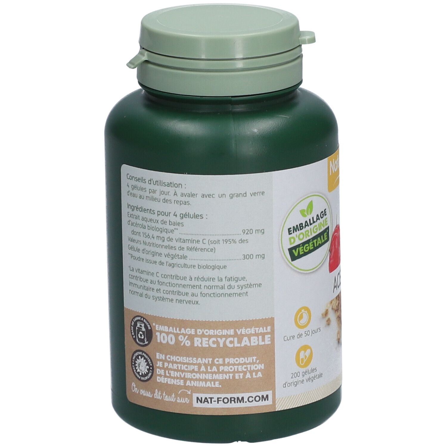 Dos du flacon vert. Texte: ingrédients, conseils d'utilisation. Labels: Emballage d'origine végétale, 100% recyclable.