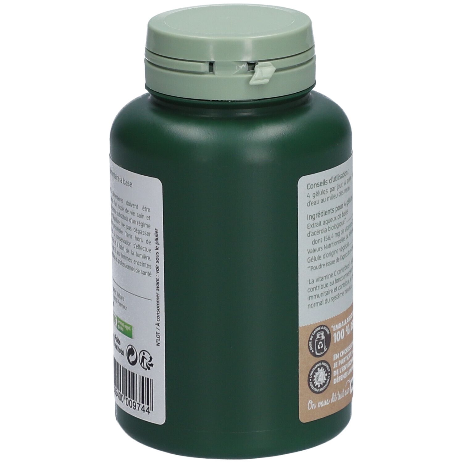 Vue latérale du flacon vert. Texte et labels visibles. Labels: 100% recyclable, Emballage d'origine végétale.