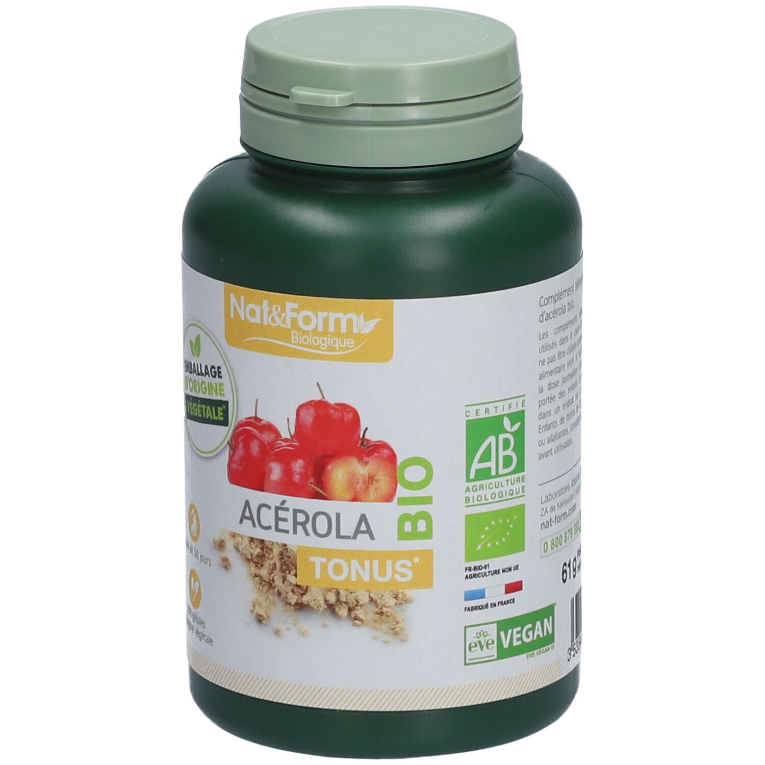 Flacon vert avec étiquette blanche. Inscription: ACÉROLA TONUS BIO. Illustration de fruits d'acérola. Labels: AB, Vegan, Emballage d'origine végétale.