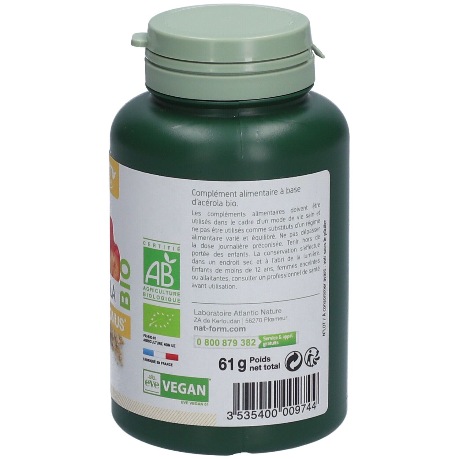 Dos du flacon vert. Texte: Complément alimentaire. Labels: AB, Vegan. Poids: 61g.
