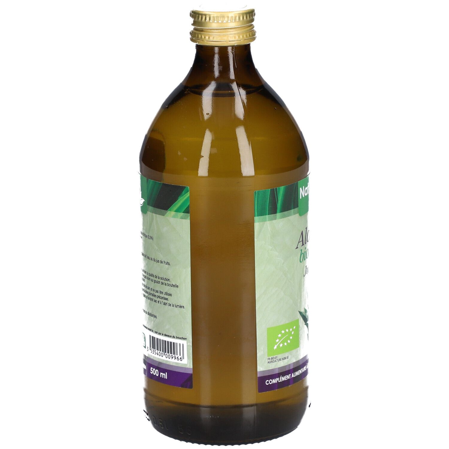 Vue arrière de la bouteille en verre brun. Étiquette avec texte et code-barres. 'Nat&Form Bio Aloe Vera' partiellement visible.