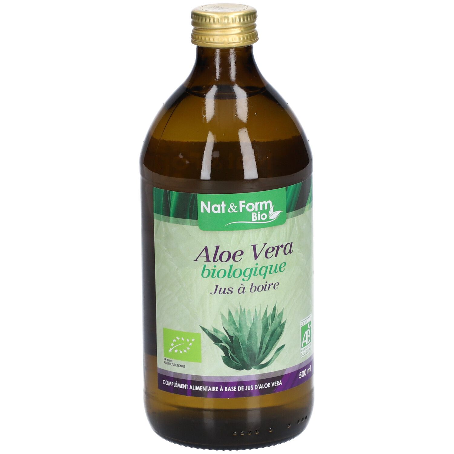 Bouteille en verre brun, bouchon doré. Étiquette 'Nat&Form Bio Aloe Vera'. Illustration d'une plante d'aloe vera.