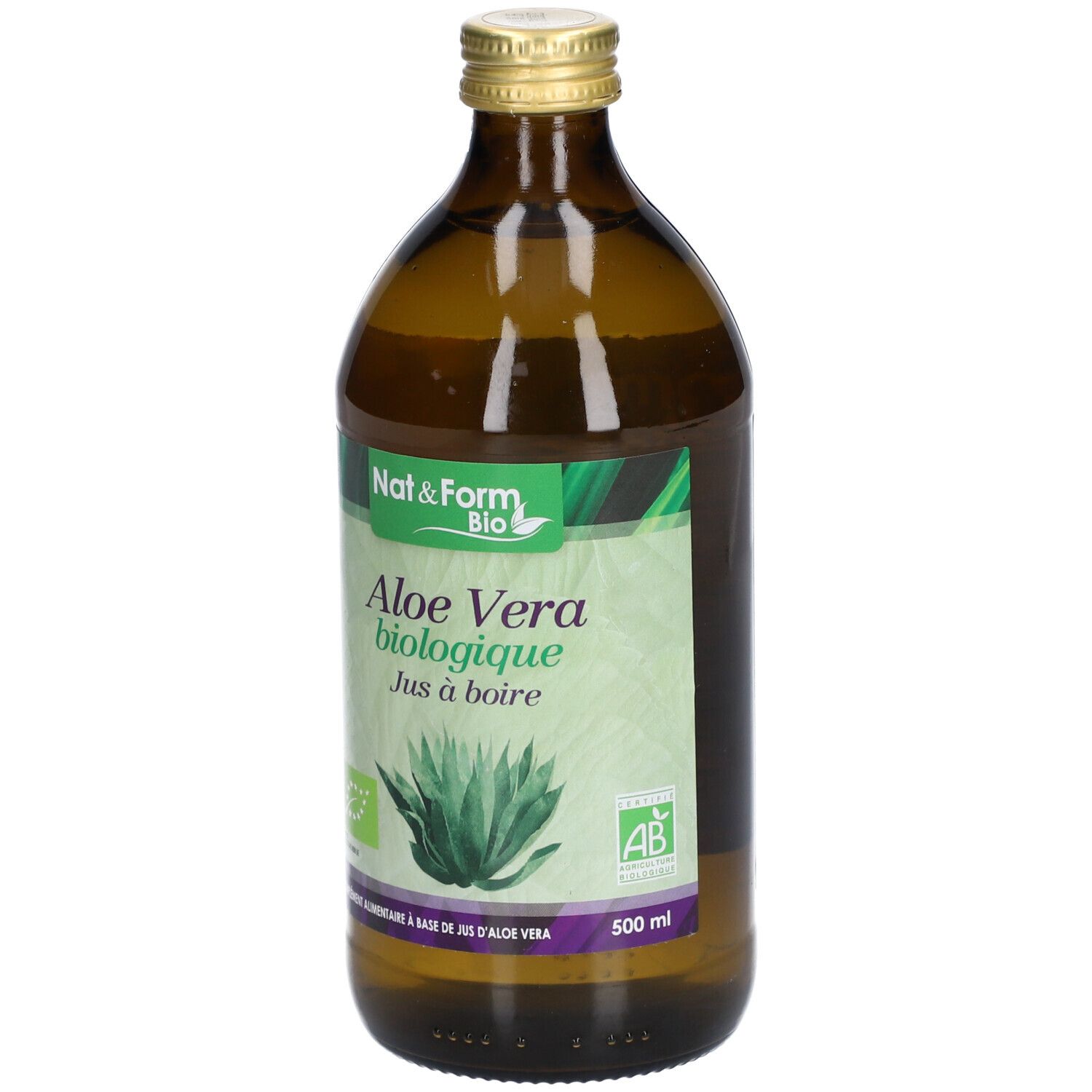 Bouteille en verre brun, bouchon doré. Étiquette 'Nat&Form Bio Aloe Vera'. Illustration d'une plante d'aloe vera.