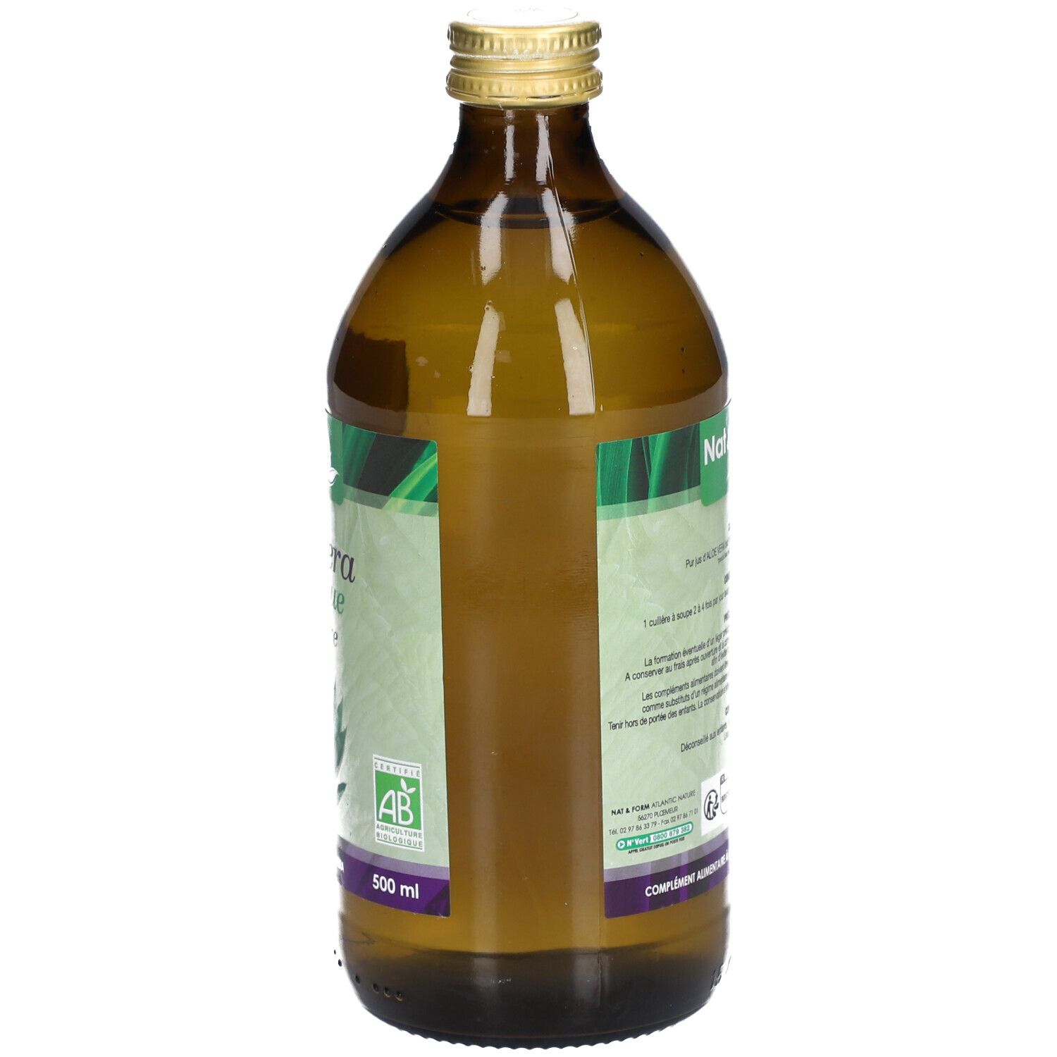 Vue arrière de la bouteille en verre brun. Étiquette avec texte et code-barres. 'Nat&Form Bio Aloe Vera' partiellement visible.