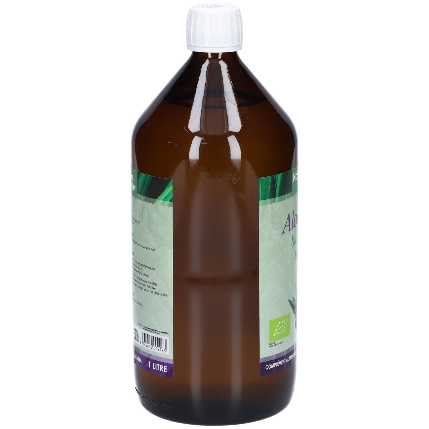 Bouteille en verre brun avec bouchon blanc. Étiquette au dos avec texte. 1 litre.