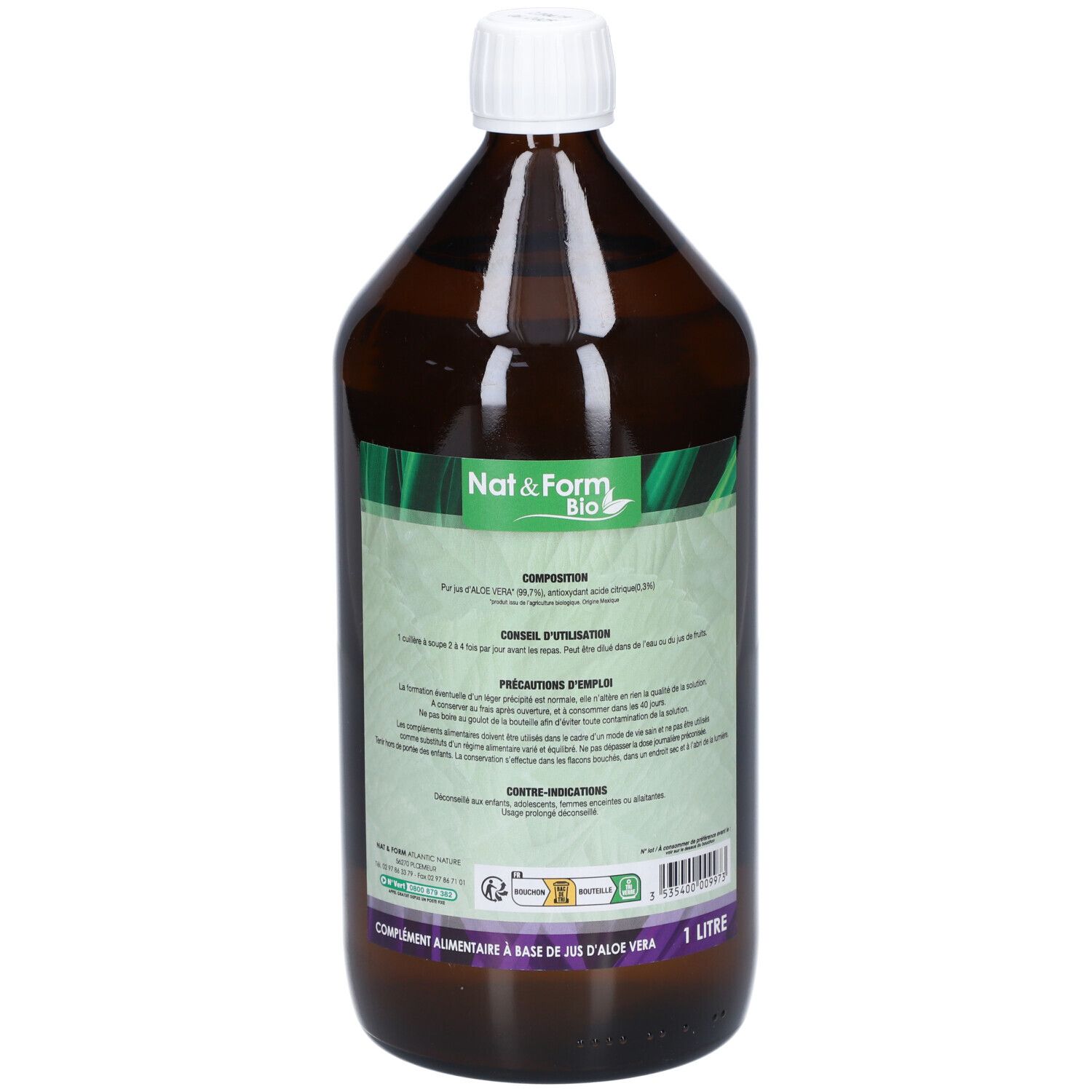 Bouteille en verre brun avec bouchon blanc. Étiquette arrière avec texte, certification bio et 1 litre.