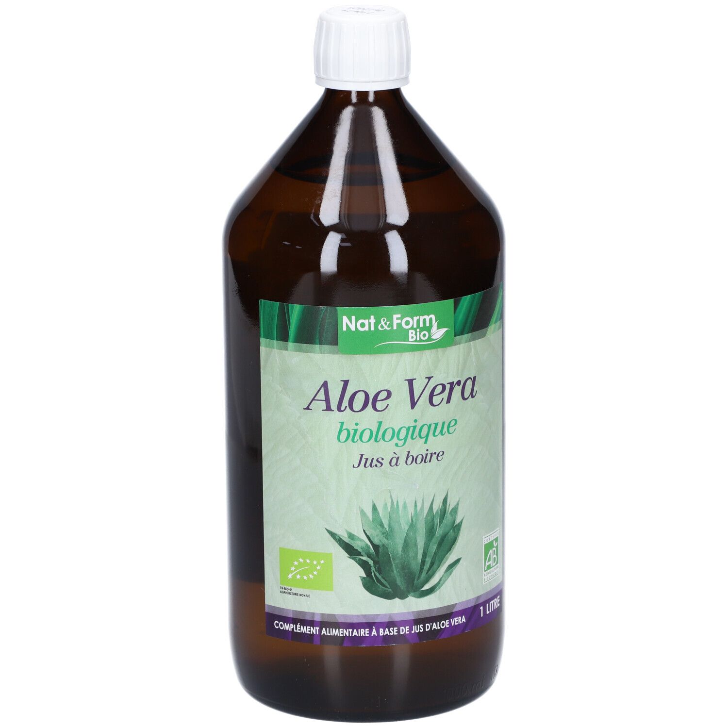 Bouteille en verre brun avec bouchon blanc. Étiquette avec Aloe Vera, certification bio et texte. 1 litre.