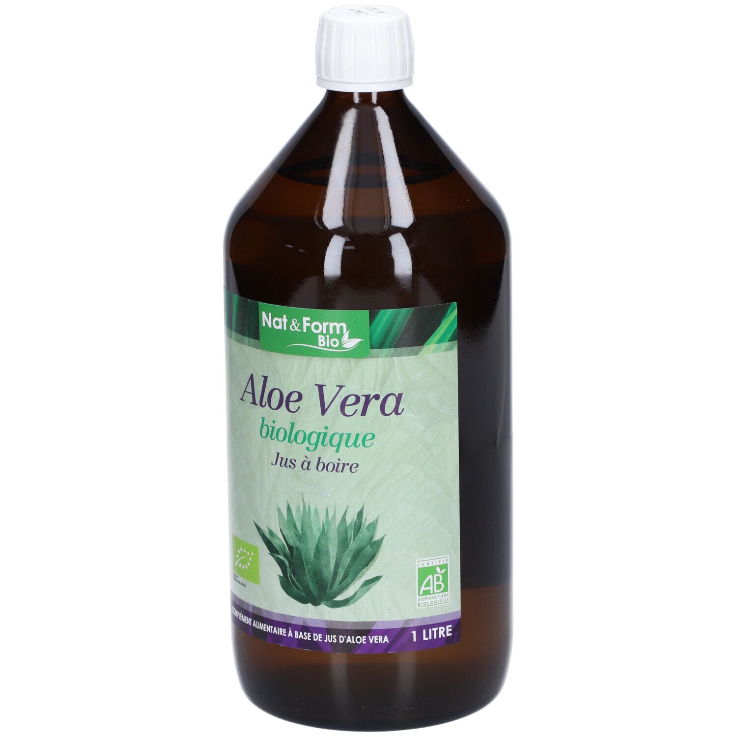 Bouteille en verre brun avec bouchon blanc. Étiquette avec Aloe Vera, certification bio et texte. 1 litre.
