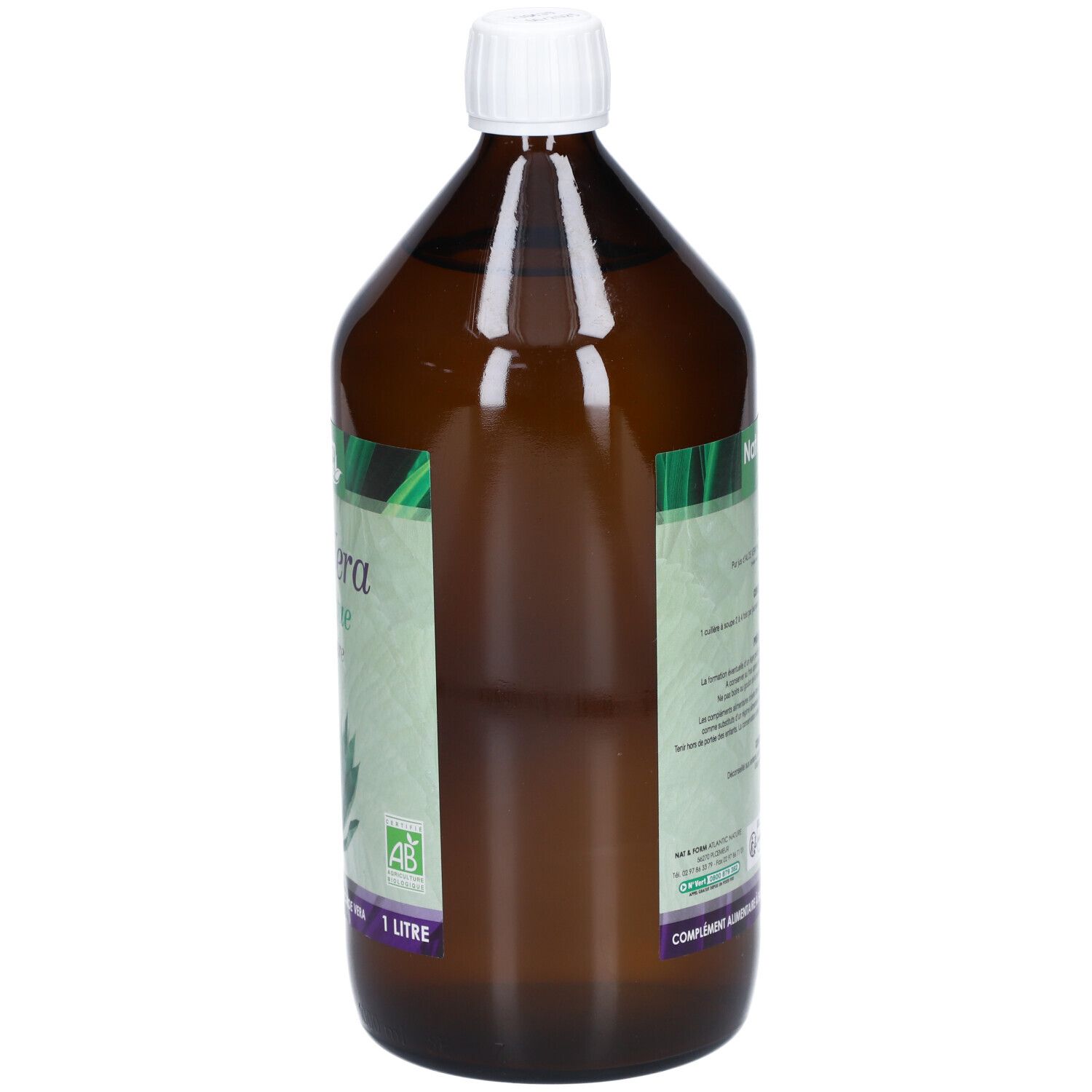 Bouteille en verre brun avec bouchon blanc. Étiquette avec texte et certification bio. 1 litre.