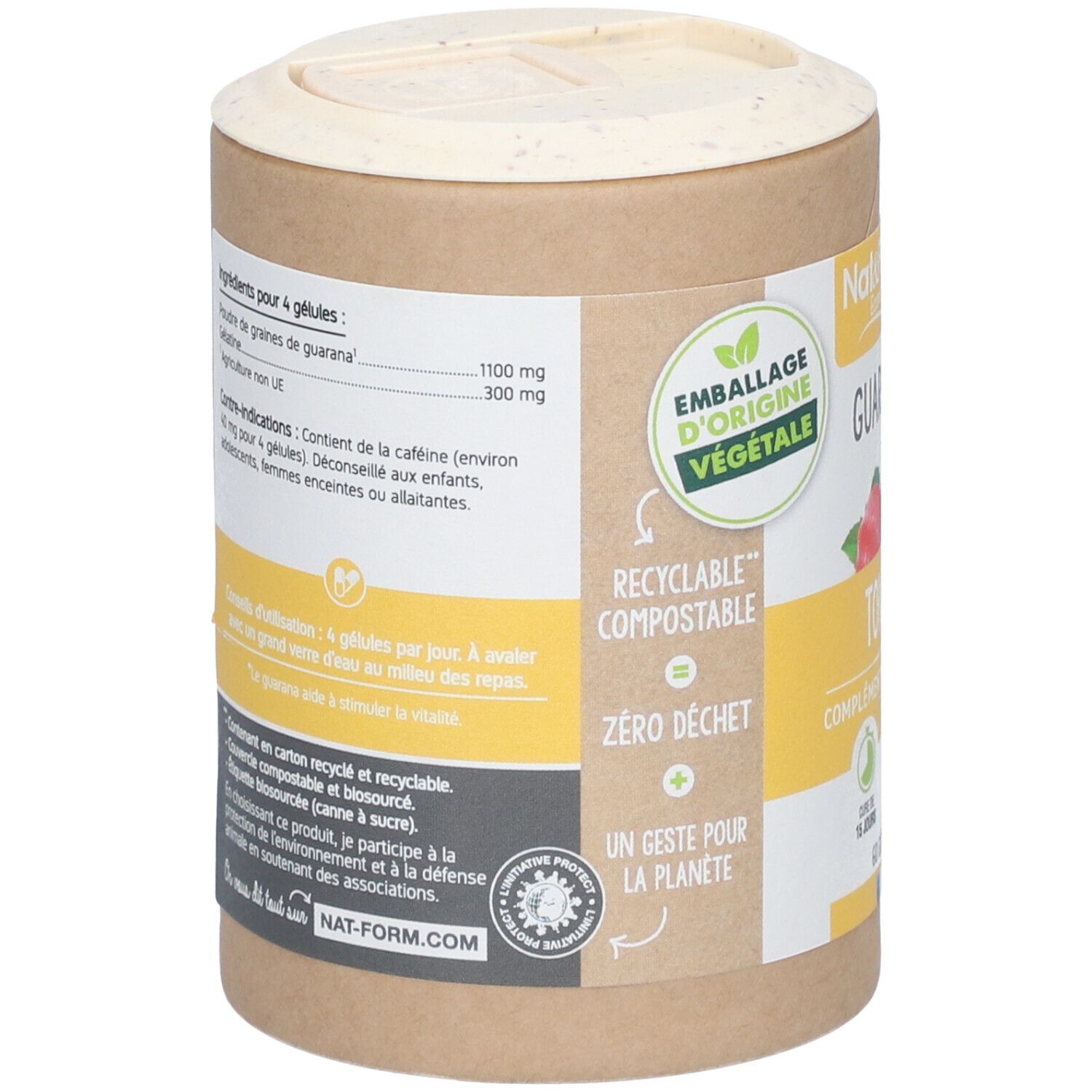 Dos de la boîte de gélules de guarana. Texte: ingrédients, mode d'emploi, indications. Emballage végétal, recyclable.
