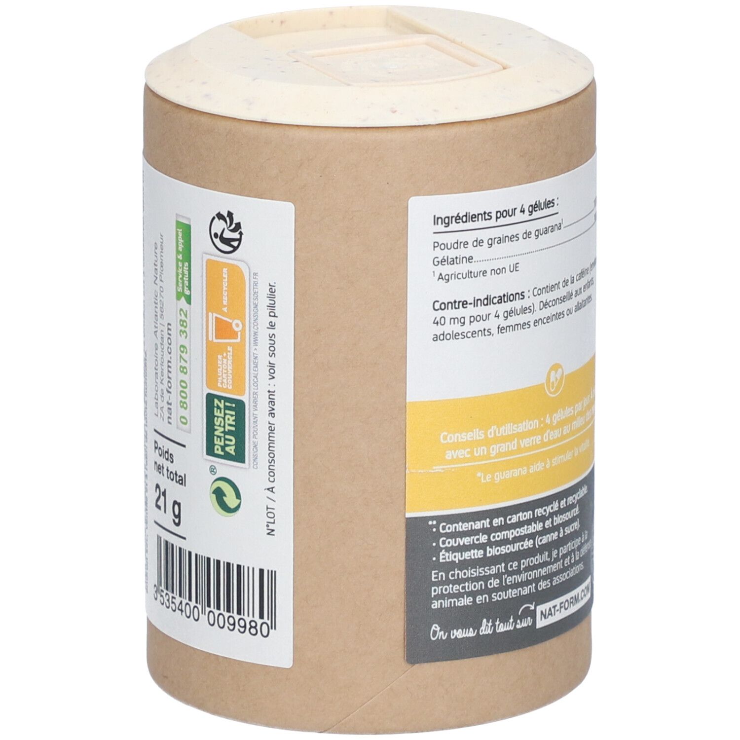 Vue latérale de la boîte de gélules de guarana. Texte: ingrédients, poids 21g. Emballage végétal, recyclable.