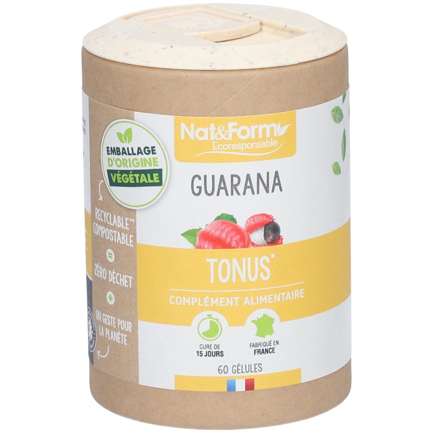 Boîte cylindrique de gélules de guarana. Inscriptions: Nat&Form, Guarana, Tonus, 60 gélules. Emballage végétal.