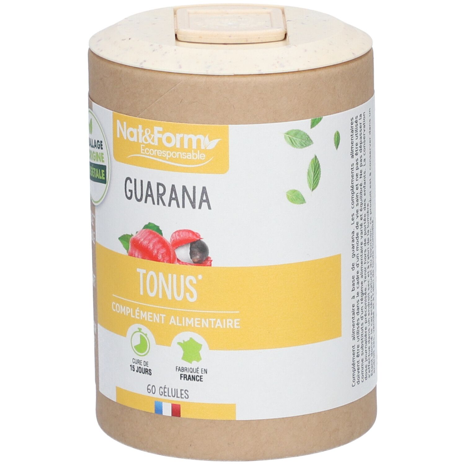 Boîte cylindrique de gélules de guarana. Inscriptions: Nat&Form, Guarana, Tonus, 60 gélules. Emballage végétal.