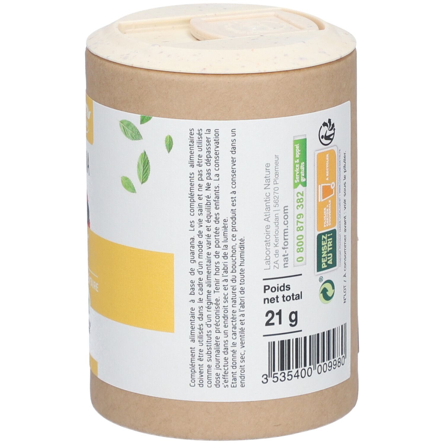 Vue latérale de la boîte de gélules de guarana. Texte: ingrédients, poids 21g. Emballage végétal, recyclable.