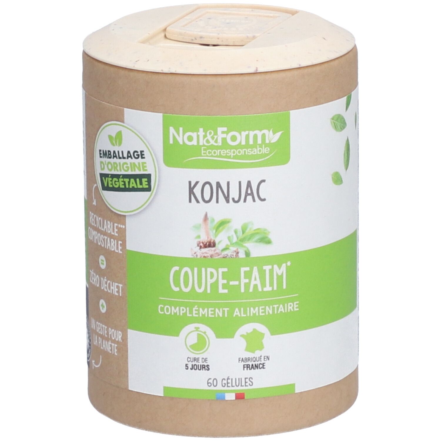 Boîte cylindrique 'Nat&Form KONJAC'. Étiquettes vertes avec texte et logo. '60 gélules'. Couvercle clair.