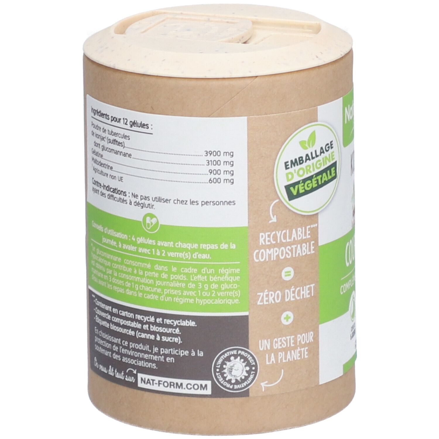 Boîte avec informations ingrédients. Texte en français. 'Emballage d'origine végétale'. 'Recyclable compostable'.