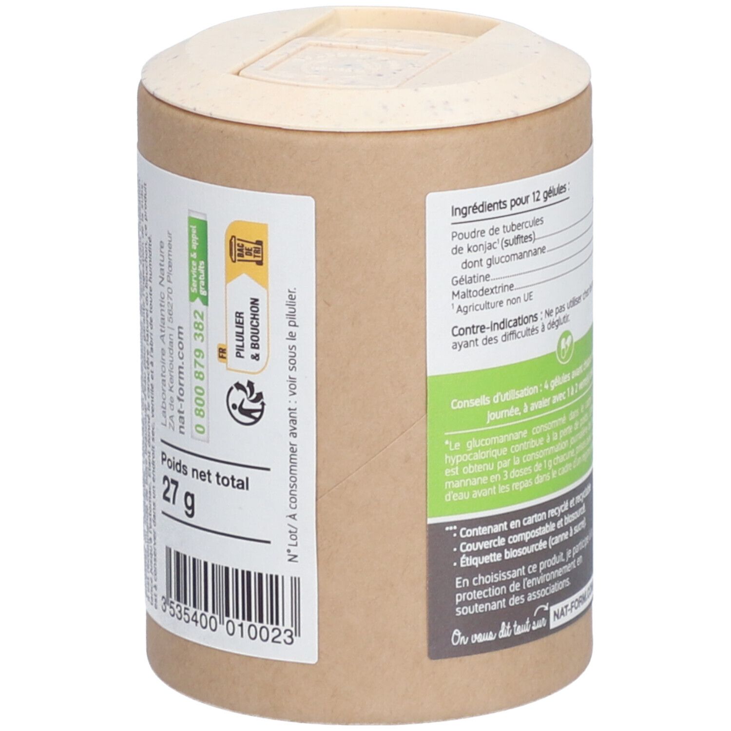 Boîte avec étiquette. Texte en français. 'Poids net total 27 g'. 'Pilulier & bouchon'.