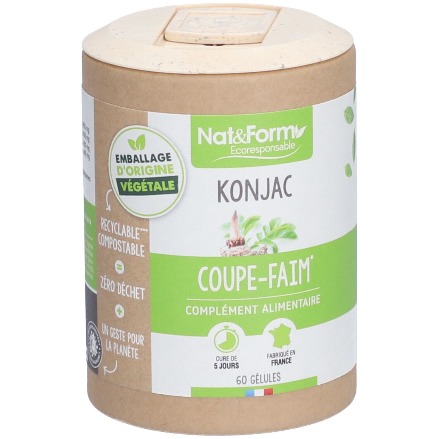 Boîte cylindrique 'Nat&Form KONJAC'. Étiquette verte avec texte. '60 gélules'. Couvercle clair.