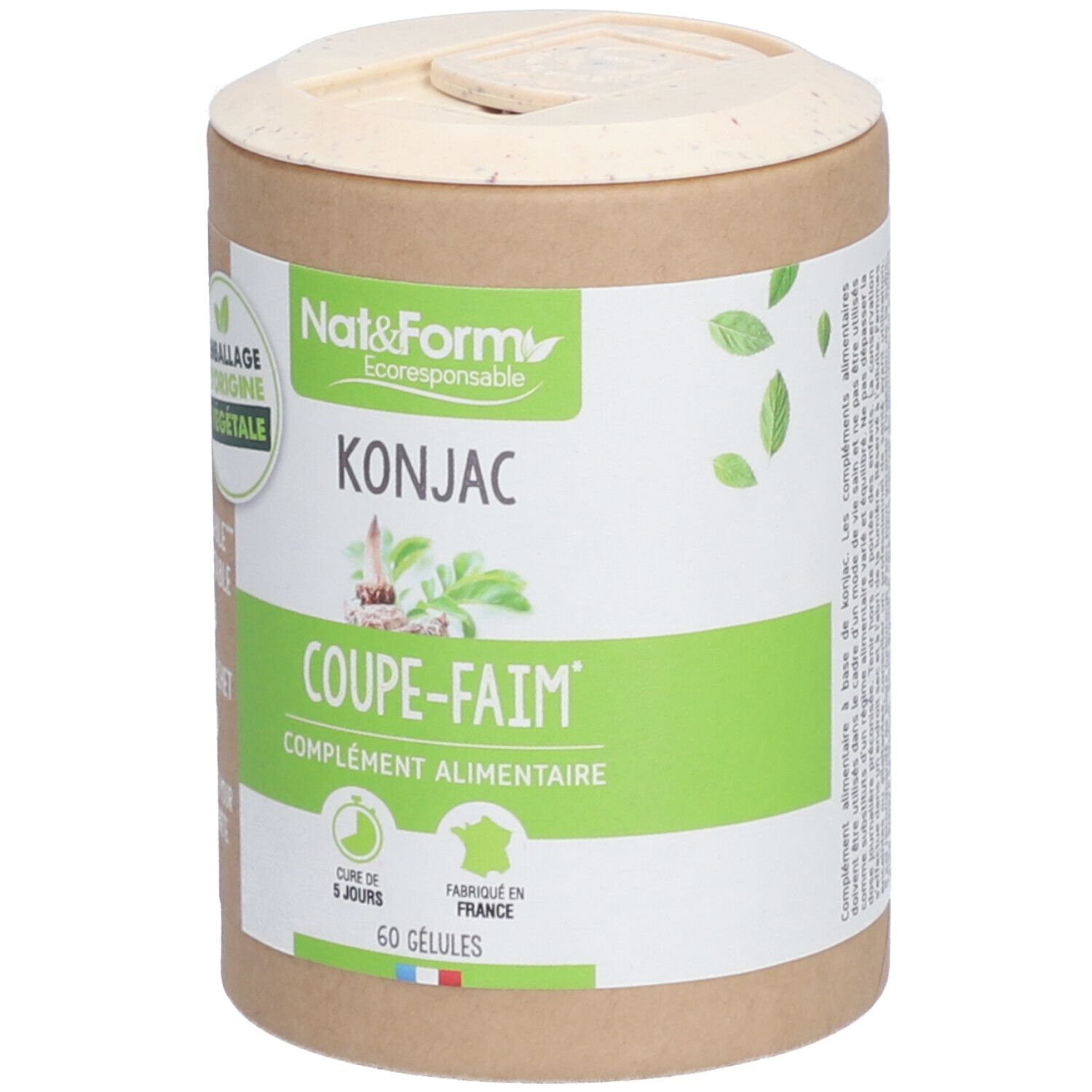 Boîte cylindrique 'Nat&Form KONJAC'. Étiquette verte avec texte. '60 gélules'. Couvercle clair.