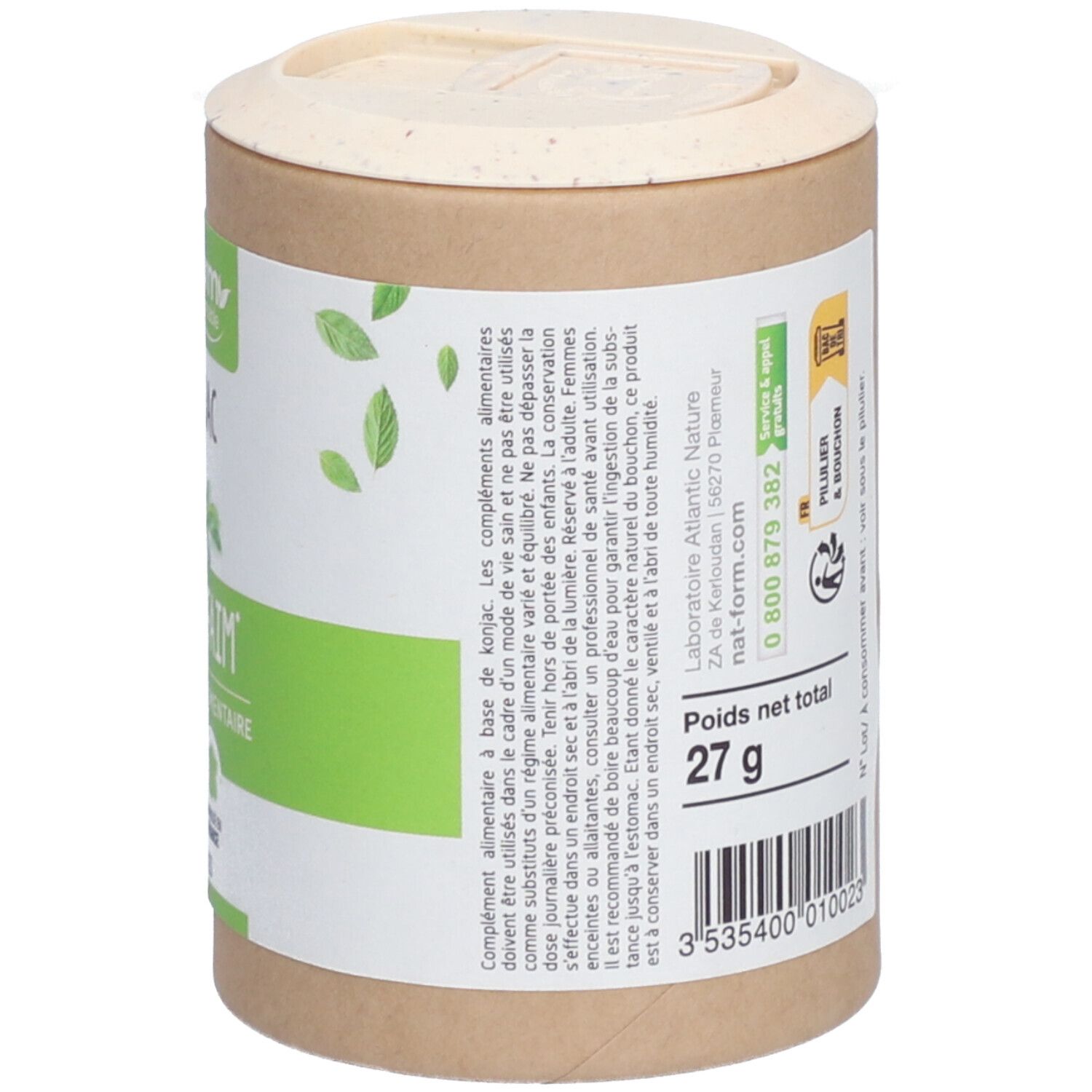 Boîte avec texte. 'Poids net total 27 g'. Texte en français. Couvercle clair.