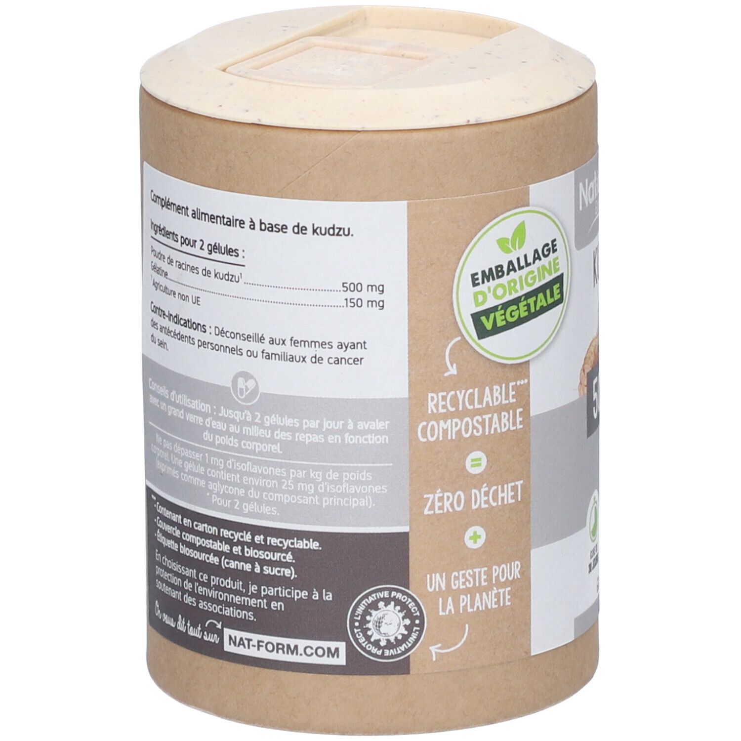 Dos de la boîte. Texte : Complément alimentaire à base de kudzu. Ingrédients, mode d'emploi, avertissements. Emballage recyclable, compostable.
