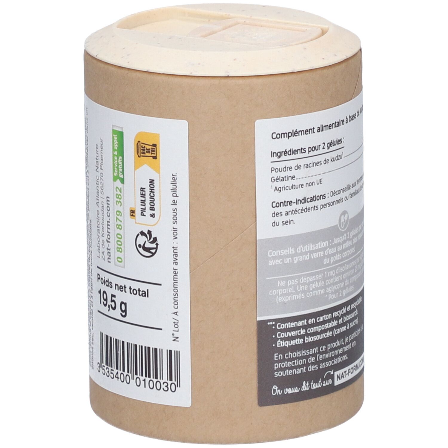 Boîte avec couvercle. Inscription : 19,5 g. Texte : Complément alimentaire. Informations sur les ingrédients et l'utilisation. Logo de recyclage.