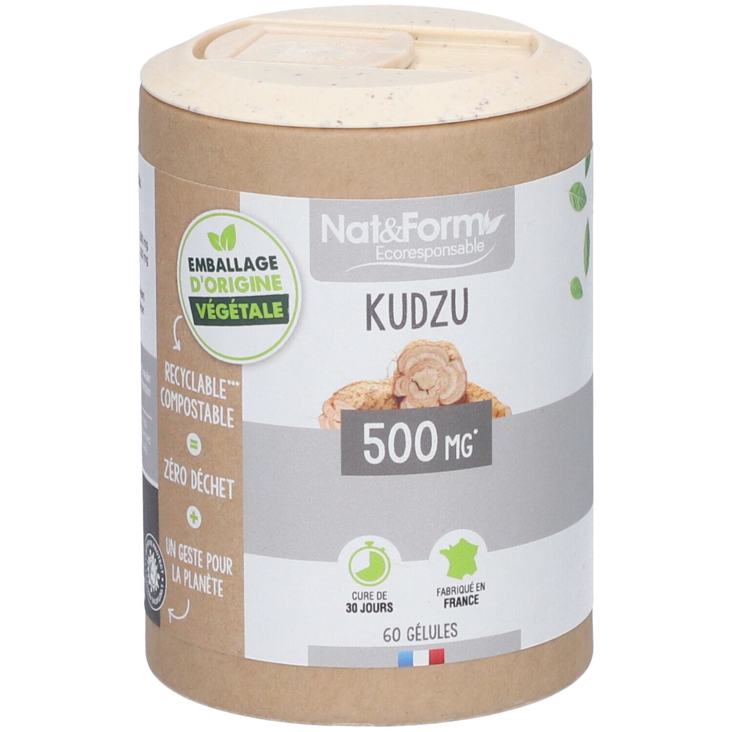 Boîte cylindrique avec couvercle. Inscription : KUDZU, 500 MG, 60 gélules. Emballage d'origine végétale, recyclable, compostable.