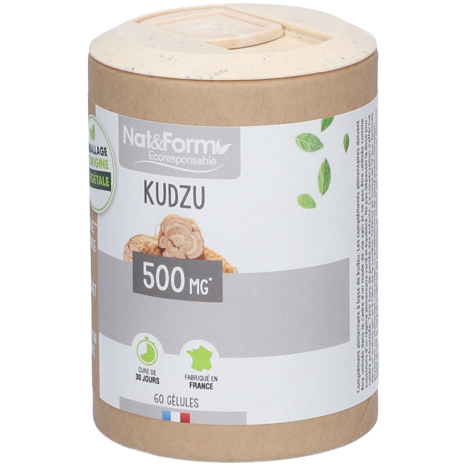 Boîte cylindrique avec couvercle. Inscription : KUDZU, 500 MG, 60 gélules. Emballage d'origine végétale, recyclable, compostable.
