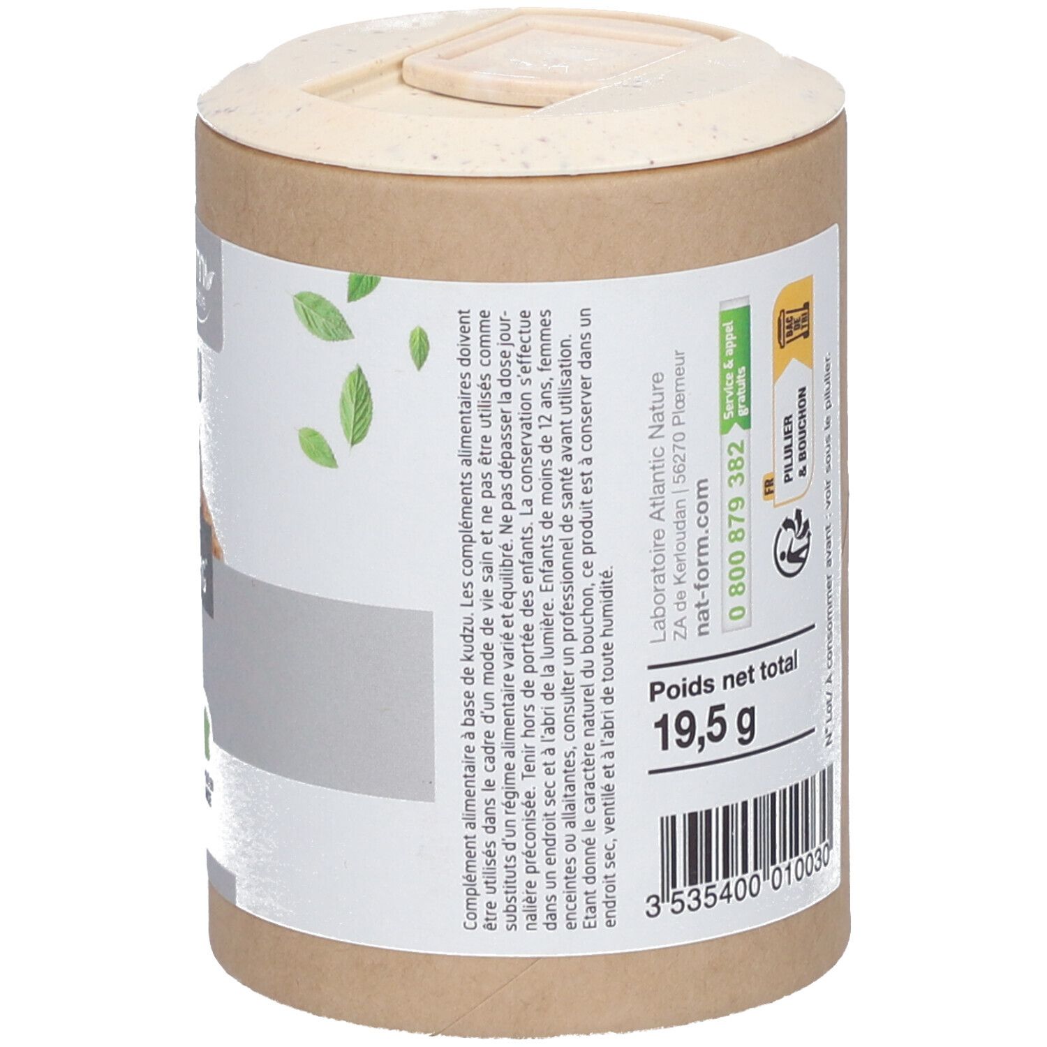 Boîte avec couvercle. Inscription : 19,5 g. Texte : Complément alimentaire. Informations sur les ingrédients et l'utilisation. Logo de recyclage.
