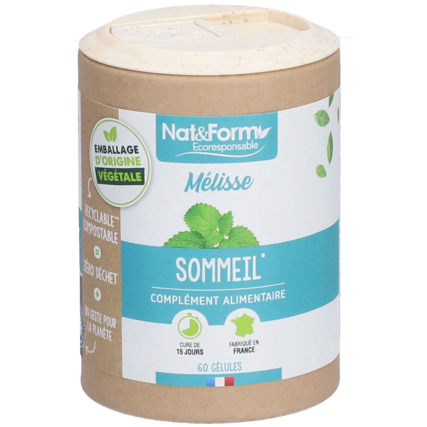 Boîte cylindrique Nat&Form Mélisse Bio. Inscription: Mélisse, Sommeil, 60 gélules. Emballage d'origine végétale.