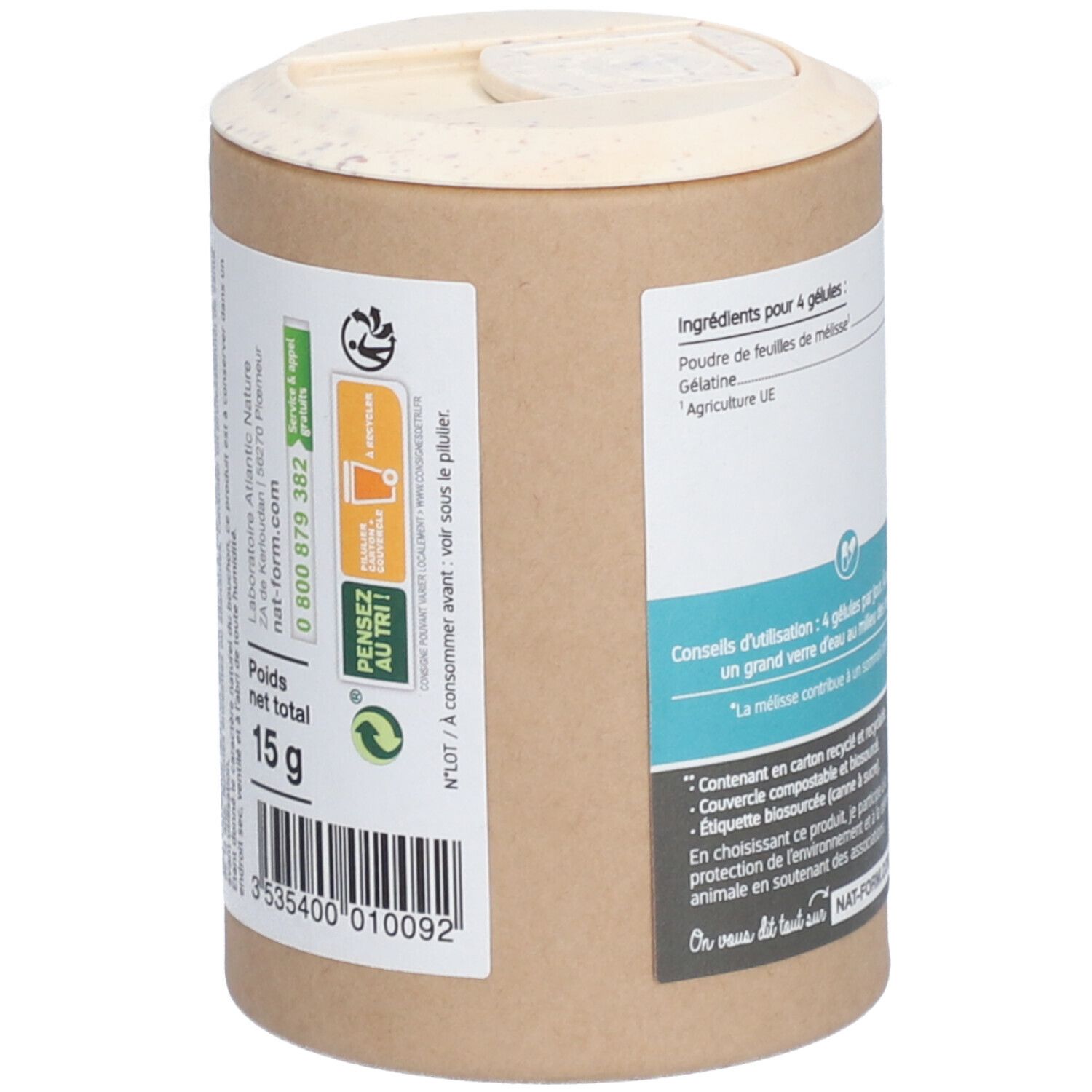 Vue arrière de la boîte avec informations nutritionnelles et poids de 15g. Emballage recyclable, compostable.