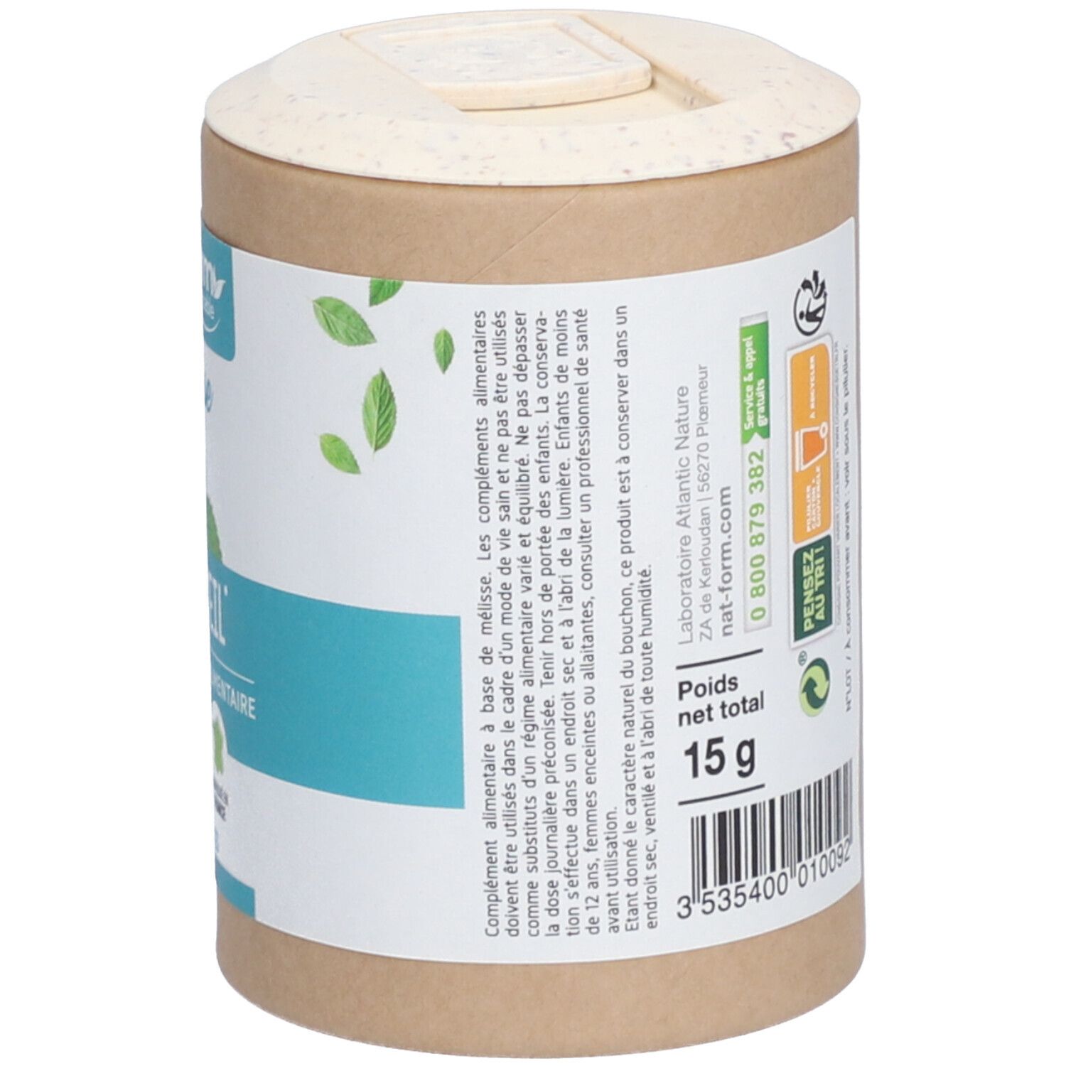 Vue arrière de la boîte avec informations nutritionnelles et poids de 15g. Emballage recyclable, compostable.