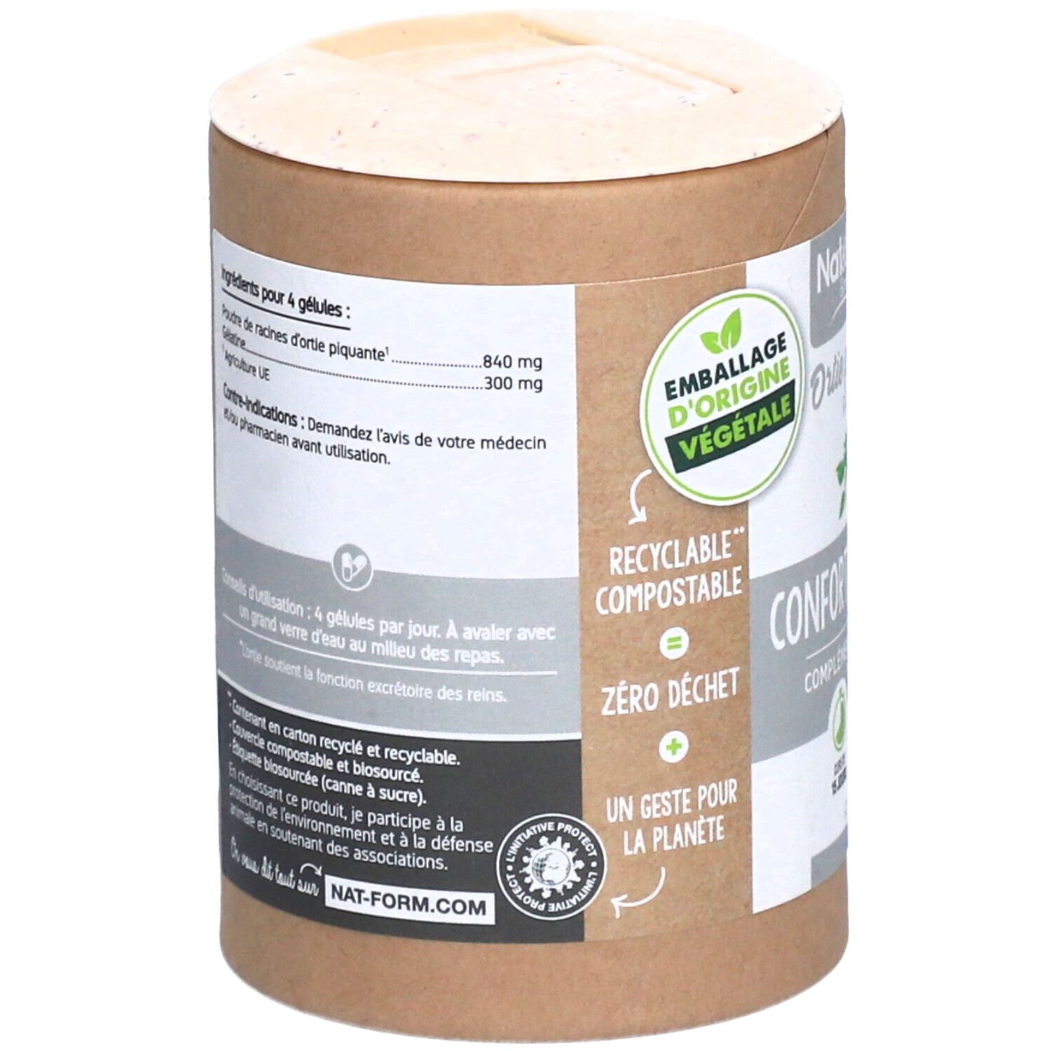 Rückseite der zylindrischen Verpackung. Aufschrift: Inhaltsstoffe, Anwendungshinweise, recycelbar, kompostierbar, Zero-Abfall, ein Schritt für den Planeten.