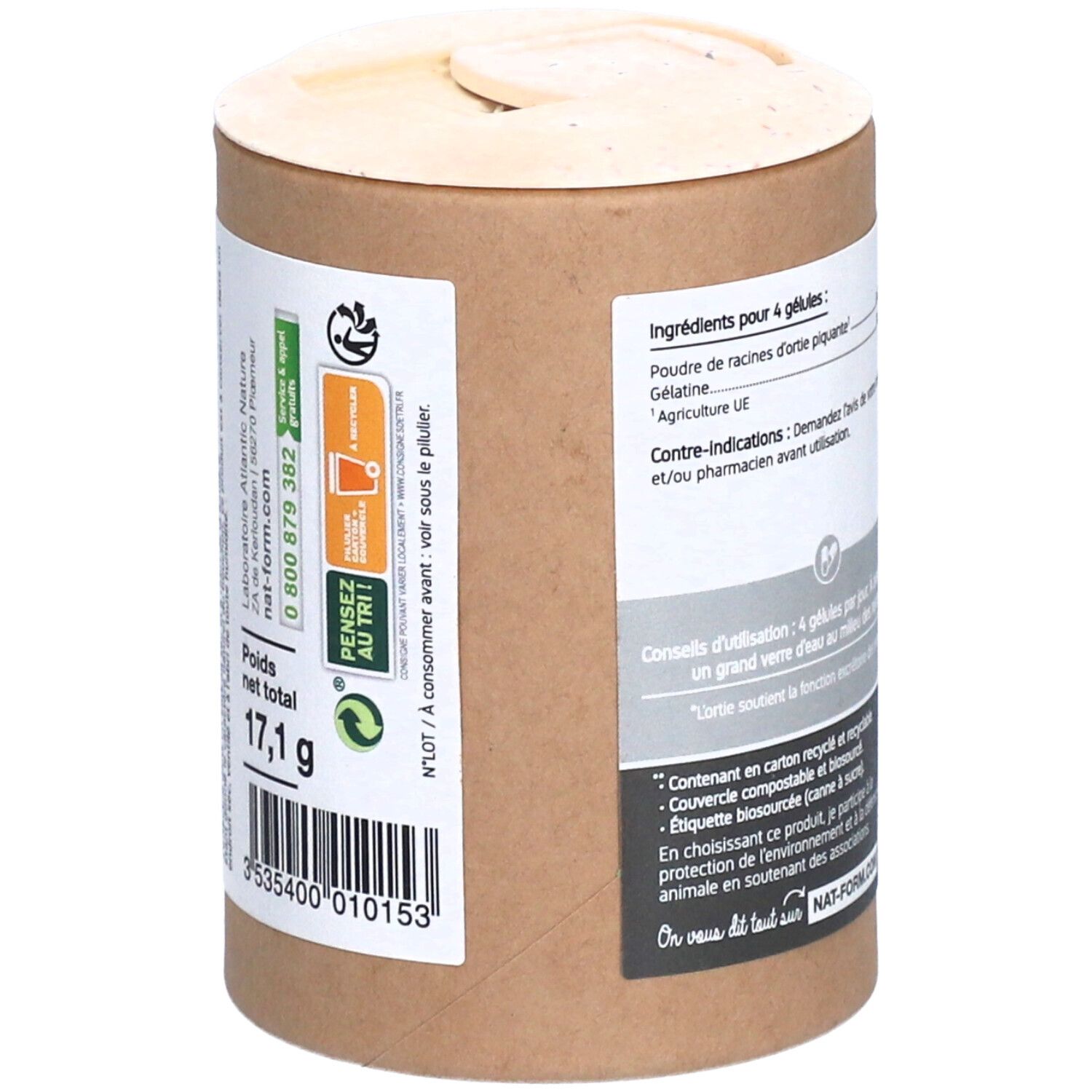 Rückseite der zylindrischen Verpackung. Aufschrift: Nettogewicht 17,1 g, Barcode, Adresse des Herstellers, Recycling-Logo.