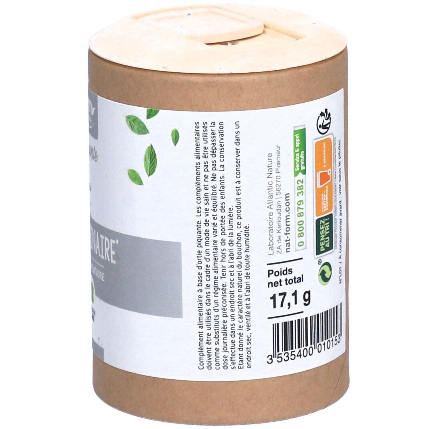 Rückseite der zylindrischen Verpackung. Aufschrift: Nettogewicht 17,1 g, Barcode, Adresse des Herstellers, Recycling-Logo.